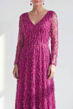 Vestido largo de madre de la novia de manga larga de manga larga en línea morado oscuro y cuello en V