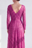 Vestido largo de madre de la novia de manga larga de manga larga en línea morado oscuro y cuello en V