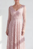 Vestido largo de madre de la novia de manga larga de manga larga en línea morado oscuro y cuello en V