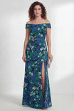 Vestido largo de sirena flor verde con hombros descubiertos y abertura