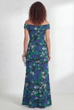 Vestido largo de sirena flor verde con hombros descubiertos y abertura