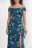 Vestido largo de sirena flor verde con hombros descubiertos y abertura