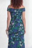 Vestido largo de sirena flor verde con hombros descubiertos y abertura