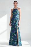 Vestido de madre de la novia, flor de sirena verde con cuentas y cuello húmen, largo y abertura