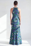 Vestido de madre de la novia, flor de sirena verde con cuentas y cuello húmen, largo y abertura