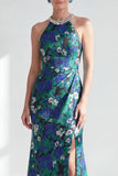 Vestido de madre de la novia, flor de sirena verde con cuentas y cuello húmen, largo y abertura
