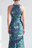 Vestido de madre de la novia, flor de sirena verde con cuentas y cuello húmen, largo y abertura