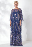 Vestido de madre de la novia con funda azul marino, floral bordado con cuello redondo