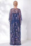 Vestido de madre de la novia con funda azul marino, floral bordado con cuello redondo