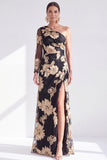 Vestido largo de madre de la novia de un hombro floral de sirena champán