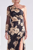 Vestido largo de madre de la novia de un hombro floral de sirena champán