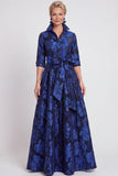Vestido de Madre de la Novia largo de manga media en jacquard azul marino con cinturón