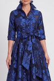 Vestido de Madre de la Novia largo de manga media en jacquard azul marino con cinturón