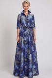 Vestido de Madre de la Novia largo de manga media en jacquard azul marino con cinturón