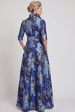 Vestido de Madre de la Novia largo de manga media en jacquard azul marino con cinturón