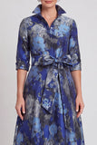 Vestido de Madre de la Novia largo de manga media en jacquard azul marino con cinturón