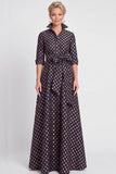 Vestido de Madre de la Novia largo de manga media en jacquard azul marino con cinturón