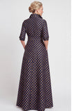 Vestido de Madre de la Novia largo de manga media en jacquard azul marino con cinturón