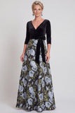 Vestido largo de Madre de la Novia de flor azul en línea A con escote en V y mangas 3/4