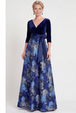 Vestido largo de Madre de la Novia de flor azul en línea A con escote en V y mangas 3/4