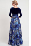 Vestido largo de Madre de la Novia de flor azul en línea A con escote en V y mangas 3/4