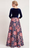 Vestido largo de Madre de la Novia de flor azul en línea A con escote en V y mangas 3/4