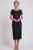 Vestido de madre de la novia midi Bodycon con cuello redondo negro brillante y lentejuelas