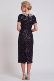 Vestido de madre de la novia midi Bodycon con cuello redondo negro brillante y lentejuelas