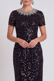 Vestido de madre de la novia midi Bodycon con cuello redondo negro brillante y lentejuelas