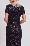 Vestido de madre de la novia midi Bodycon con cuello redondo negro brillante y lentejuelas