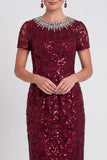 Vestido de madre de la novia midi Bodycon con cuello redondo negro brillante y lentejuelas