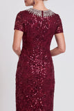 Vestido de madre de la novia midi Bodycon con cuello redondo negro brillante y lentejuelas