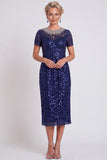 Vestido de madre de la novia midi Bodycon con cuello redondo negro brillante y lentejuelas