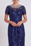 Vestido de madre de la novia midi Bodycon con cuello redondo negro brillante y lentejuelas