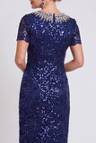 Vestido de madre de la novia midi Bodycon con cuello redondo negro brillante y lentejuelas