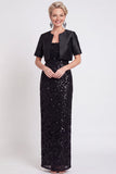 Vestido largo de madre de la novia con lentejuelas negras brillantes con corte