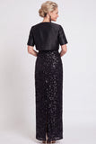 Vestido largo de madre de la novia con lentejuelas negras brillantes con corte