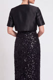 Vestido largo de madre de la novia con lentejuelas negras brillantes con corte