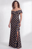 Vestido largo de sirena negra floral con volantes y abertura de sirena descubierto