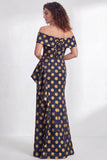 Vestido largo de sirena negra floral con volantes y abertura de sirena descubierto