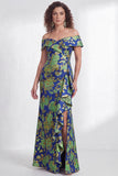 Vestido largo de sirena negra floral con volantes y abertura de sirena descubierto
