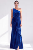 Vestido largo de madre de la novia de un hombro con volantes y de terciopelo negro