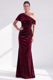 Vestido largo de madre de la novia con terciopelo burdeos sirena al descubierto en los hombros