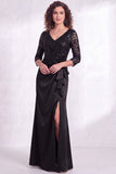 Sirena negra con escote en V y lentejuelas con volantes, vestido largo de madre de la novia con abertura