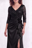 Sirena negra con escote en V y lentejuelas con volantes, vestido largo de madre de la novia con abertura