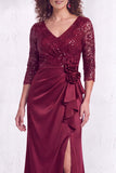 Sirena negra con escote en V y lentejuelas con volantes, vestido largo de madre de la novia con abertura