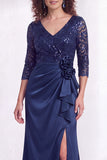 Sirena negra con escote en V y lentejuelas con volantes, vestido largo de madre de la novia con abertura