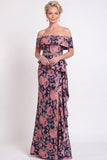 Vestido largo de sirena azul con volantes florales y hombros largos de madre de la novia con abertura