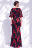 Vestido largo de madre de la novia con volantes de sirena azul marino y manga media