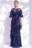 Vestido largo de madre de la novia con volantes de sirena azul marino y manga media
